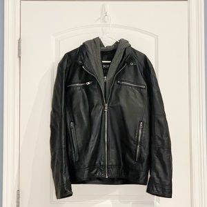 Guess black and gray faux leather hooded jacket